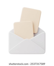 White envelope with two cards inside. Greeting card, postcard, envelope for information transfer. Symbol of communication with two paper sheets. Message isolated on a white background.