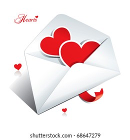 Weißer Umschlag mit zwei Herzen. Icon für Themen wie Liebe, Valentinstag, Feiertage. Vektorgrafik.