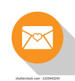 White Envelope with Valentine heart icon isolated on white background. Letter love and romance. Orange circle button. Flat design. Vector Illustration