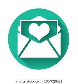 White Envelope with Valentine heart icon isolated with long shadow. Letter love and romance. Green circle button. Vector Illustration