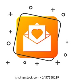 White Envelope with Valentine heart icon isolated on white background. Message love. Letter love and romance. Orange square button. Vector Illustration