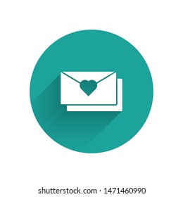 White Envelope with Valentine heart icon isolated with long shadow. Message love. Letter love and romance. Green circle button. Vector Illustration