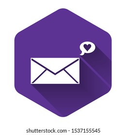 White Envelope with Valentine heart icon isolated with long shadow. Message love. Letter love and romance. Purple hexagon button. Vector Illustration