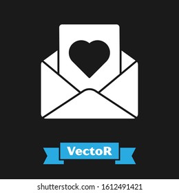 White Envelope with Valentine heart icon isolated on black background. Message love. Letter love and romance.  Vector Illustration