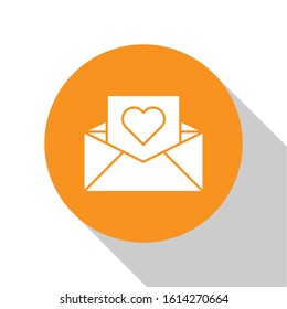 White Envelope with Valentine heart icon isolated on white background. Message love. Letter love and romance. Orange circle button. Vector Illustration