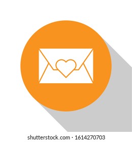 White Envelope with Valentine heart icon isolated on white background. Message love. Letter love and romance. Orange circle button. Vector Illustration