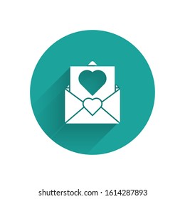 White Envelope with Valentine heart icon isolated with long shadow. Message love. Letter and romance. Green circle button. Vector Illustration