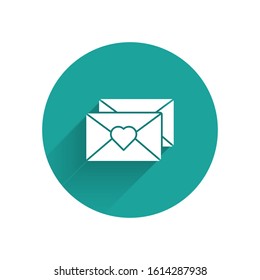 White Envelope with Valentine heart icon isolated with long shadow. Message love. Letter love and romance. Green circle button. Vector Illustration