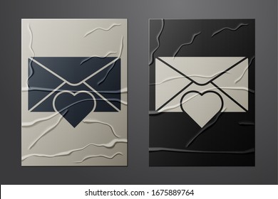 White Envelope with Valentine heart icon isolated on crumpled paper background. Message love. Letter love and romance. Paper art style. Vector Illustration