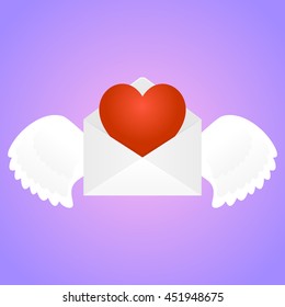 White envelope with wings and heart inside at pink gradient background. February 14, Saint Valentine's Day. Vector, isolated, eps 10.