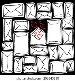 White envelopes on black background. Many letters and one with love.