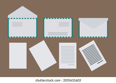 White Envelopes, papers, and letters symbols vector illustration. Paper documents, and envelopes. Delivery of correspondence or office documents. 
