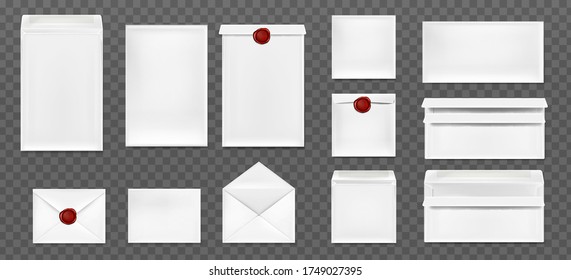 White envelopes with red wax seal. Vector realistic mockup of blank closed and open envelopes, letter covers front and back view. Mock up of paper folder with wax stamps