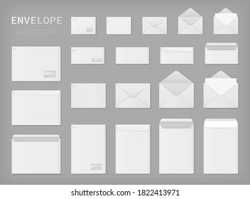 White envelopes set. Blank mockups, front and back, open and closed. Different sizes. Vector illustration.