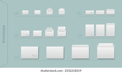 White envelopes set. Blank mockups, front and back
