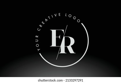 White ER Letter Logo Design with Creative Intersected and Cutted Serif Font.