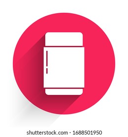 White Eraser or rubber icon isolated with long shadow. Red circle button. Vector Illustration
