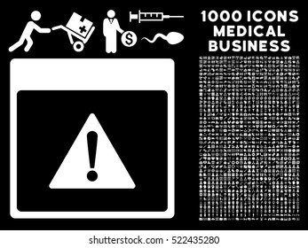 White Error Calendar Page Vector Icon With 1000 Medical Business Pictograms. Set Style Is Flat Symbols, White Color, Black Background.