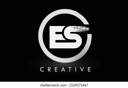 White ES Brush Letter Logo Design with Black Circle. Creative Brushed Letters Icon Logo.