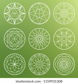 White esoteric geometric pentagrams. Spiritual sacred mystical vector symbols on blured background illustration