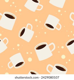 White espresso coffee cup. Seamless pattern background. Vector illustration in flat style.