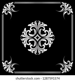 white ethnic abstract flower with borders ornament design on black background. tattoo design in the form of the sun. Simple tribal logo design for wallpaper, fabric, rug, tile, floor and decorative