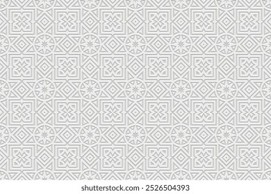 White ethnic background, tribal cover design, banner. Geometric 3D pattern, embossing. Textured relief ornaments, arabesques, mandala of the East, Asia, India, Mexico, Aztec, Peru in handmade style.