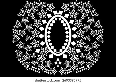 White ethnic lace pattern on black background,neckline striped,fashion art design.
