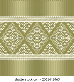 White Ethnic or Native Seamless Pattern on Green Background in Symmetry Rhombus Geometric Bohemian Style for Clothing or Apparel,Embroidery,Fabric,Package Design