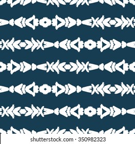 White Ethnic Strokes Horizontal Pattern. Vector painted background by Native Americans motif. Blue and white ornament for fabric print, paper card, table cloth, fashion.
