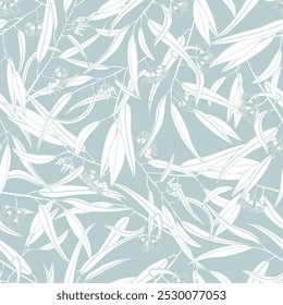 White eucalyptus branches, blue background. Seamless floral pattern-439.