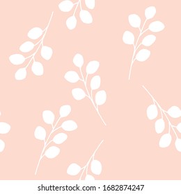 Weiße Eukalyptusäste mit Blättern auf pastellrosa Hintergrund, nahtlose Vektorillustration Muster.