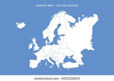 Mapa blanco de Europa con contorno de países sobre fondo azul. Mapa de Europa para presentaciones, pósters, infografías