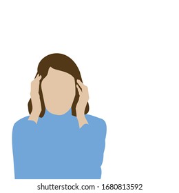 White, european woman having headache, rubbing head with hands. coronavirus, 2019-nCoV, covid-19, hay fever, virus infection symptoms. Isolated vector illustration. Poster, flyer, banner, website