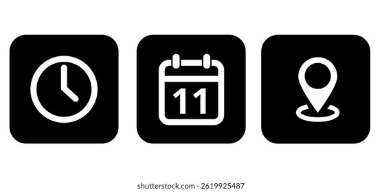 White event icons on black background indicating time, day and location, day 11.