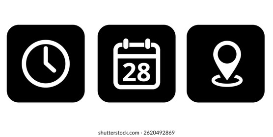 White event icons on black background indicating time, day and location, day 28.