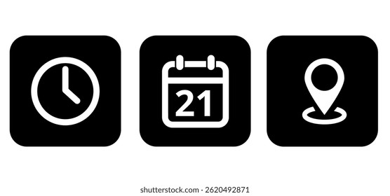 White event icons on black background indicating time, day and location, day 21.
