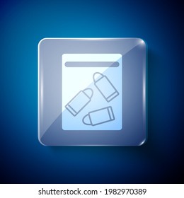 Bolsa de evidencia blanca e icono de bala aislado en fondo azul. Paneles de vidrio cuadrado. Vector