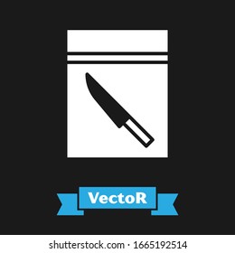 Weiße Beweistasche und Messersymbol einzeln auf schwarzem Hintergrund. Vektorillustration-Illustration
