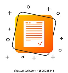 White Exam sheet with check mark icon isolated on white background. Test paper, exam, or survey concept. School test or exam. Orange square button. Vector Illustration