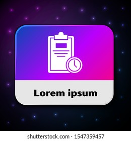 White Exam sheet with clock icon isolated on black background. Test paper, exam, or survey concept. School test or exam. Rectangle color button. Vector Illustration