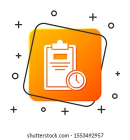 White Exam sheet with clock icon isolated on white background. Test paper, exam, or survey concept. School test or exam. Orange square button. Vector Illustration