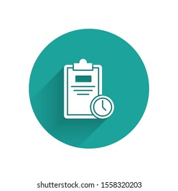 White Exam sheet with clock icon isolated with long shadow. Test paper, exam, or survey concept. School test or exam. Green circle button. Vector Illustration