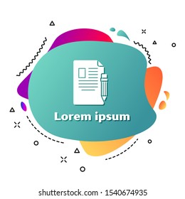 White Exam sheet and pencil with eraser icon isolated on white background. Test paper, exam, or survey concept. School test or exam. Abstract banner with liquid shapes. Vector Illustration