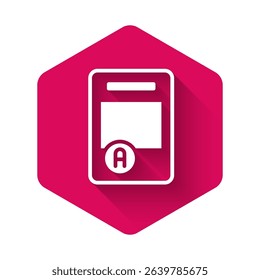 White Exam sheet with A plus grade icon isolated with long shadow background. Test paper, exam, or survey concept. School test or exam. Pink hexagon button. Vector