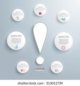 White exclamation mark with 7 circles on the gray background. Eps 10 vector file.