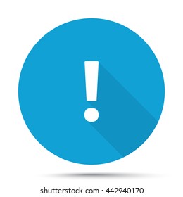 White Exclamation Mark icon on blue button isolated on white