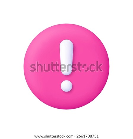 White exclamation mark on pink circle button. Alert, warning, caution, notification and danger concept. 3d vector icon. Cartoon minimal style.
