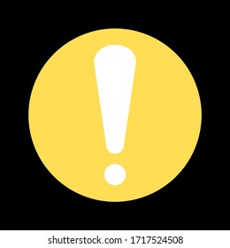 white exclamation mark symbol on yellow circle. caution icon isolated on black background. vector illustration