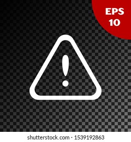 White Exclamation mark in triangle icon isolated on transparent dark background. Hazard warning sign, careful, attention, danger warning important sign.  Vector Illustration